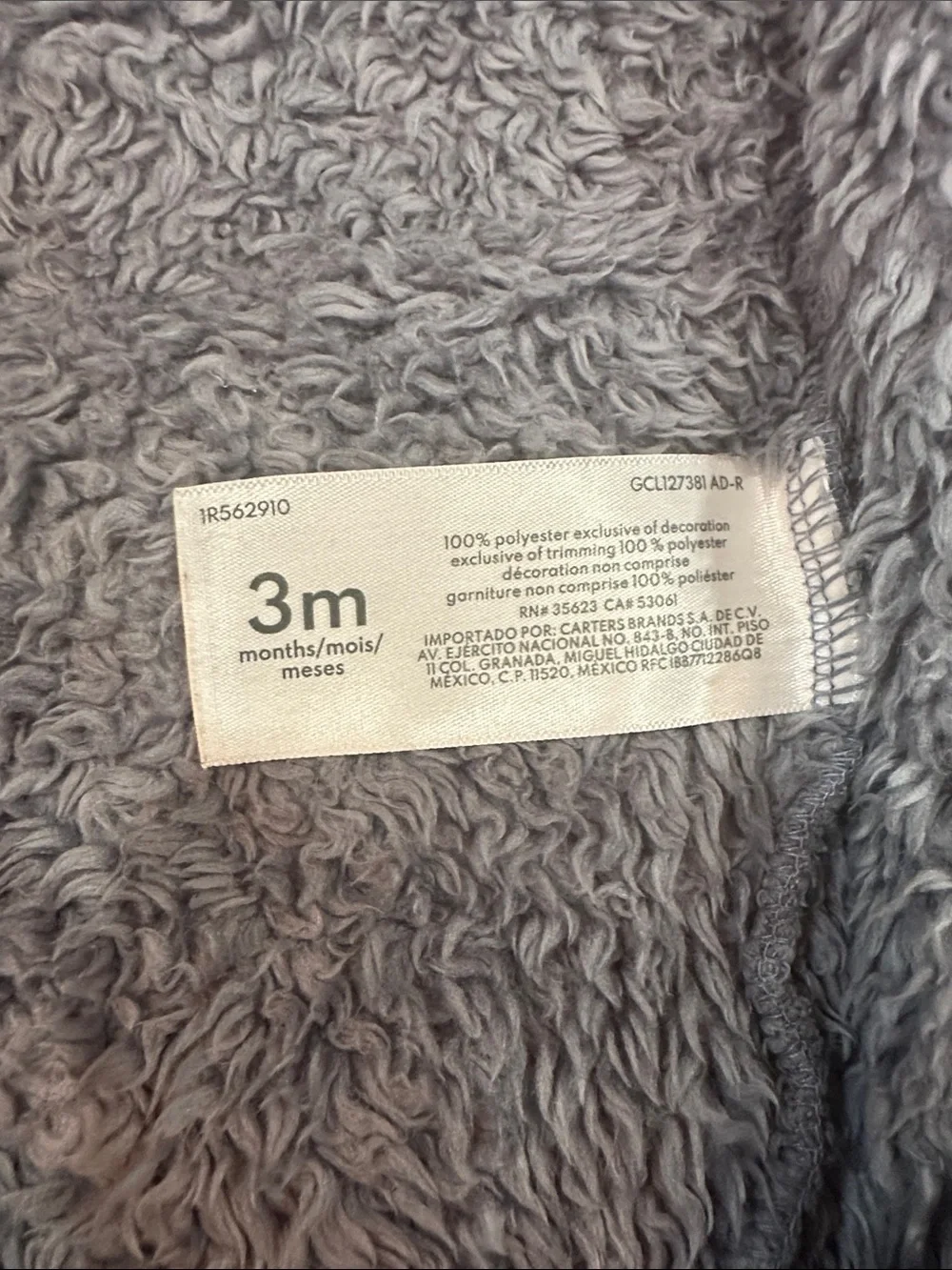 Carter’s Plush Gray Baby One-Piece Hooded Snowsuit 3 months